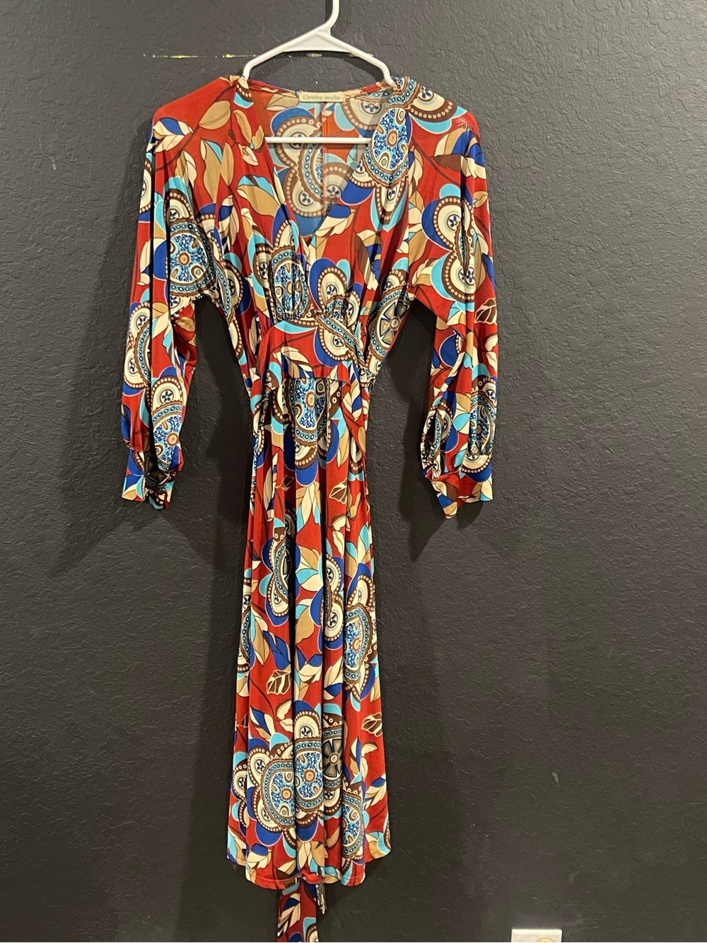 Christina Rust Wrap Midi Dress with Blue and Cream Medallions